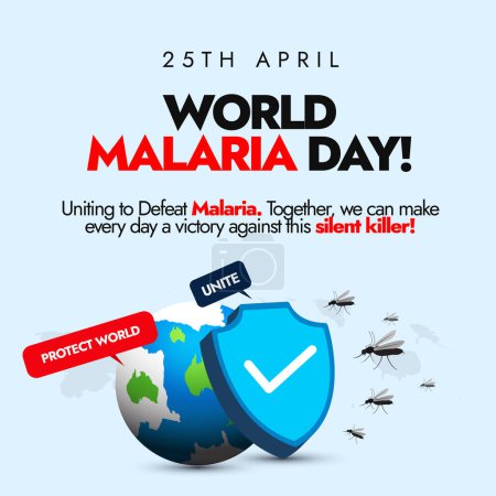 World Malaria day. 25th April World Malaria Day celebration banner with with earth globe, protection shield and mosquitoes. Health Equity, Gender and Human Rights. Malaria, Dengue, Zika, Yellow fever.