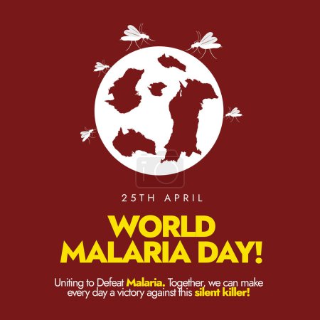 Weltmalariatag. 25. April: Feier zum Weltmalariatag mit silhouette Erdkugel und Moskitos, die mit kastanienbraunem Hintergrund angreifen. Social-Media-Post für Bewusstsein gegen Malaria