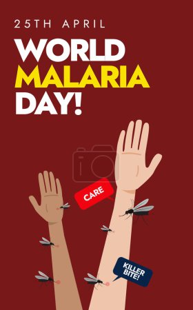 World Malaria day. 25th April World Malaria day celebration story banner, social media post with human arms and multiple mosquitoes biting on them. Malaria prevention awareness banner with mosquitoes.