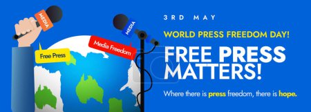 Téléchargez les illustrations : Journée mondiale de la liberté de la presse. 3 mai Bannière de couverture de la journée mondiale de la liberté de la presse, poteau avec deux mains tenant un fermoir microphone par fil barbelé. Une presse pour la planète, Le journalisme face à l'environnement - en licence libre de droit