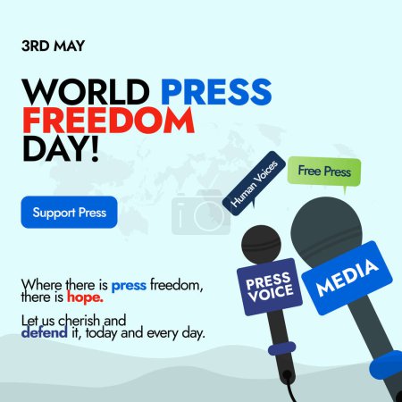 Téléchargez les illustrations : Journée mondiale de la liberté de la presse. 3 mai Journée mondiale de la liberté de la presse bannière, message sur les médias sociaux avec deux microphones. Bannière conceptuelle pour la liberté de la presse, le journalisme, la liberté d'expression. - en licence libre de droit
