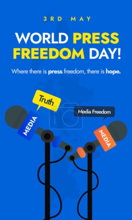 Welttag der Pressefreiheit. 3. Mai Welttag der Pressefreiheit vertikales Banner, Beitrag in den sozialen Medien mit zwei Mikrofonen Meinungsfreiheit, Journalismus, Wahrheitsbegriff.