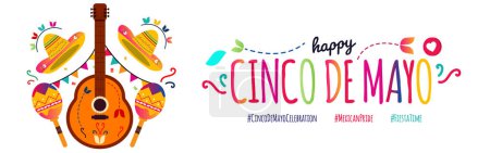 Cinco De Mayo. 5th May Happy Cinco de Mayo day, Mexican celebration cover banner with colourful text, Mexican guitar, maracas, hat on white background. Mexico Fiesta invitation card, banner, post.