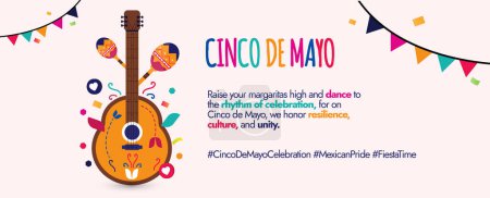 Cinco de Mayo - May 5. Cinco de Mayo celebration banner with colourful Mexican guitar, maracas, hanging decorations. Mexico Fiesta banner poster design with traditional Mexican symbols.