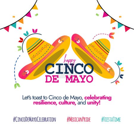 Happy Cinco De Mayo. 5th May Cinco de mayo social media celebration banner with colourful text, Mexican Guitar and Mexican hat with speech bubbles: Mexican pride, unity, culture. Mexican fiesta