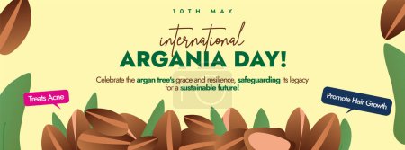 International Argania day. May 10th International Argania day celebration cover banner to promote the benefits of Argan. Awareness cover banner, social media post to protect Argan trees in Morocco.