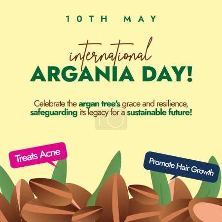Internationaler Argania-Tag. 10. Mai International Argania Day Feier Banner, Social Media Post mit Argansamen und Sprechblasen von Leckereien Akne, fördert das Haarwachstum auf gelbem Hintergrund.