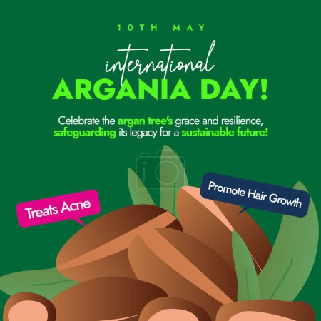International day of Argania. 10th May International day of Argania celebration story banner with argan plant and seeds on dark green background. Banner, social media post for Benefits of Argan trees.