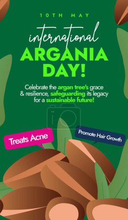Internationaler Tag der Argania. 10. Mai Internationaler Tag der Argania-Feier Banner mit Arganpflanze und Samen auf dunkelgrünem Hintergrund. Banner, Social-Media-Posting für den Nutzen von Arganbäumen.