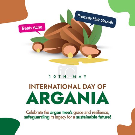 Internationaler Tag der Argania. 10. Mai Internationaler Tag der Argania Feier Post, Banner, Karte, Vorlage mit Argankernen. Dieser Tag feiert die Arganbäume, die eine entscheidende Rolle in der Umwelt spielen