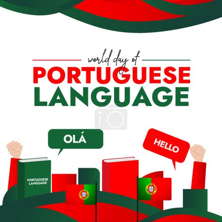 5 de mayo Día Mundial de la Lengua Portuguesa. Banner de sensibilización del Día de la Lengua Portuguesa con burbujas de voz Ola y Hello. Muñeca Levantando las manos en color Bandera Portuguesa. Rojo, elementos verdes.