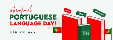 Día Internacional de la Lengua Portuguesa. 5 de mayo Día de la celebración de la lengua portuguesa con libros en colores rojo y verde y banderas portuguesas y burbujas del habla. Portugal idioma portada banner vector