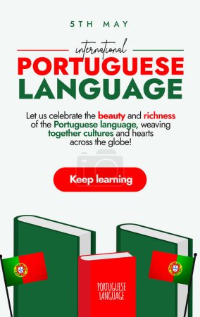 Día Internacional de la Lengua Portuguesa. 5 de mayo Bandera del Día de la Celebración del Lenguaje Portugués con libros en colores rojo, verde, banderas portuguesas y burbujas de expresión. Portugal historia del idioma post