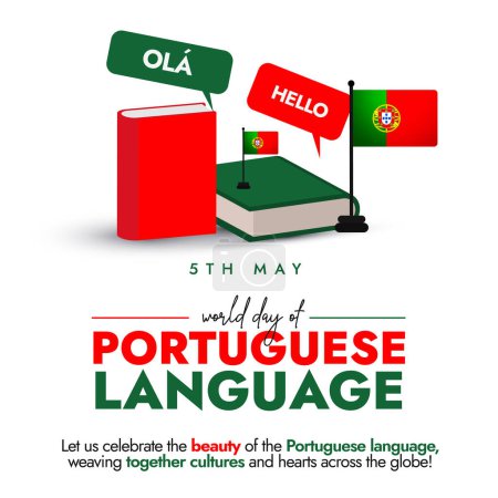 Portuguese Language Day. 5th May Portuguese Language day social media post with Books in red and green colour and Portuguese Flag and speech bubbles. Portugal language poster vector