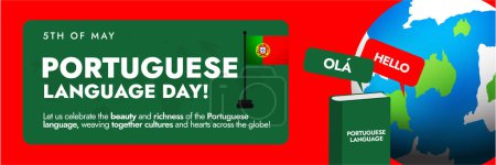 Journée de la langue portugaise. 5 mai Journée de la langue portugaise bannière de couverture des médias sociaux en couleur verte et rouge avec icône du livre et drapeau de table Portugal. Portugal langue couverture bannière vecteur