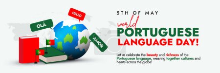 Portuguese Language Day. 5 May Portuguese language day social media cover banner in green and red colour with book icon and Portugal table flag. Portugal language cover banner vector