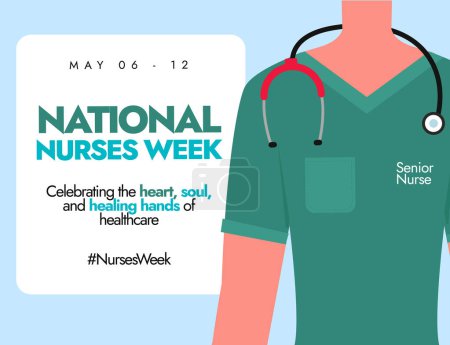 Illustration for National Nurses Week. May 6 to 12 National nurses week celebration and appreciation post, banner with male nurse wearing green uniform and stethoscope. Banner to recognise the contributions of nurses. - Royalty Free Image