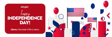 USA Independence Day. Independence Day of United states of America on 4th July with modern abstract shapes in red and blue colour. Celebration social media banner with USA Flag, balloons.