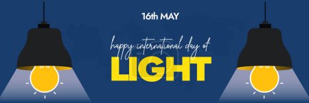 Light Day. International day of light 16th May social media cover. International day of light banner, poster with two hanging bulbs emitting light. Yellow bulb on blue background. Light in our lives