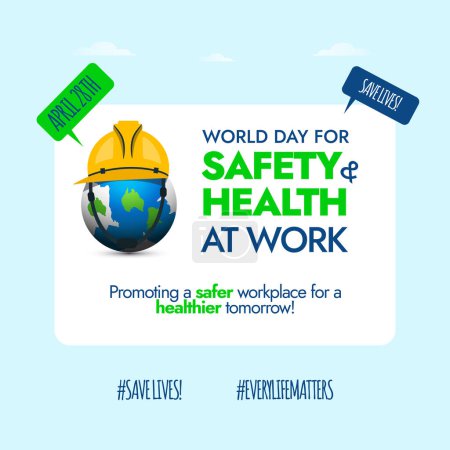 World day for Safety and Health at work. 28th April world day for safety and health at work banner with earth globe wearing construction helmet to promote the safety of workers and use of safety gear.