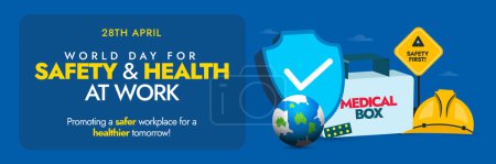 Illustration for World day for Safety and Health at Work.28th April World day for safety and health at work cover banner with icons of medical box, helmet cap, protection shield, sign board with text safety first. - Royalty Free Image