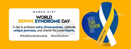 World Down Syndrome Day. March 21, World down syndrome day cover banner in dark yellow colour with blue colour heart and ribbon. Awareness banner, cover for embracing people with down syndrome. Social Media poster and website banner