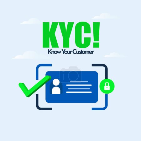 KYC. Kennen Sie Ihr Kundenerkennungsbanner mit Kundenkennzeichen, Symbol mit Häkchenzeichen in grüner Farbe. KYC-Vektor-Symbol und Banner zur Gewährleistung der Kunden- und Kundensicherheit.