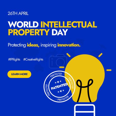 Día Mundial de la Propiedad Intelectual. 26 de abril Bandera de celebración del Día Mundial de la PI con bombilla de color amarillo con IP escrita en banner con iconos de engranaje, gráfico. Proteger las ideas para un mejor negocio.