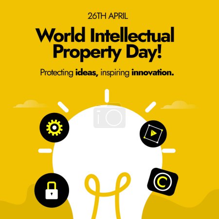 Téléchargez les illustrations : Journée mondiale de la propriété intellectuelle. 26 avril Journée mondiale de la propriété intellectuelle bannière pour promouvoir l'importance d'une propriété intellectuelle équilibrée. Bâtir notre avenir commun avec l'innovation et la créativité. - en licence libre de droit