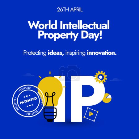 Día Mundial de la Propiedad Intelectual. 26 de abril Bandera de celebración del Día Mundial de la PI con bombilla de color amarillo con IP escrita en banner con iconos de engranaje, gráfico. Proteger las ideas para un mejor negocio.