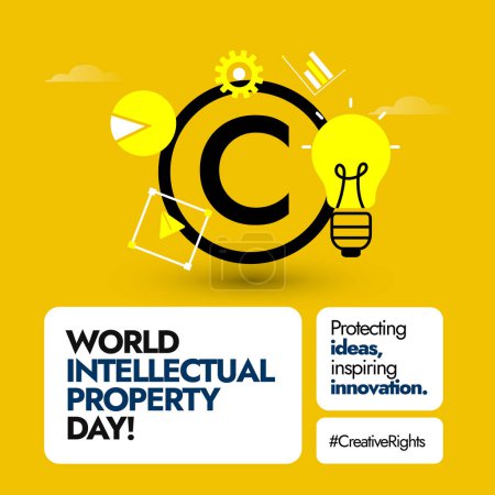 Día Mundial de la Propiedad Intelectual.26 de abril Bandera del Día Mundial de la Propiedad Intelectual con bombilla e iconos de engranajes, gráficos sobre fondo amarillo. Símbolo del derecho de autor para promover la importancia del día IP.