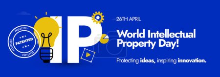 Día Mundial de la Propiedad Intelectual.26 de abril La celebración del Día Mundial de la P.I. cubre pancartas con bombillas de color amarillo con P.I. escritas sobre fondo de color púrpura. Proteger las ideas para un mejor negocio.