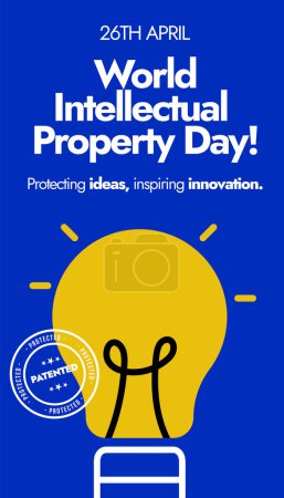 Día Mundial de la Propiedad Intelectual. 26 de abril Bandera de la historia de la celebración del Día Mundial de la PI con bombilla de color amarillo y sello patentado. Proteger las ideas para mejorar la actividad y la importancia de la P.I..