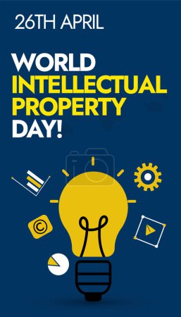 Journée mondiale de la propriété intellectuelle. 26 avril Journée mondiale de la propriété intellectuelle histoire bannière avec ampoule et icônes de matériel, graphiques. Bannière pour promouvoir le Bâtir notre avenir commun avec l'innovation.