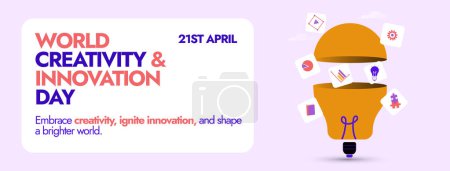 World Creativity and Innovation Day. 21st April World Creativity and Innovation Day celebration cover banner with innovative bulb icon in half and icons of gears, book, charts coming out of it.