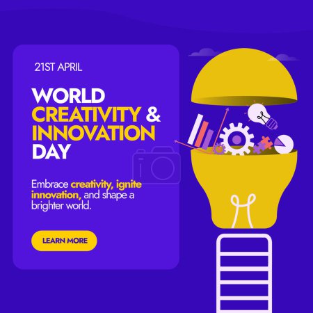 World Creativity and Innovation Day. 21st April world creativity and innovation day celebration banner in purple colour background with a half open light bulb and icons of different things in it.