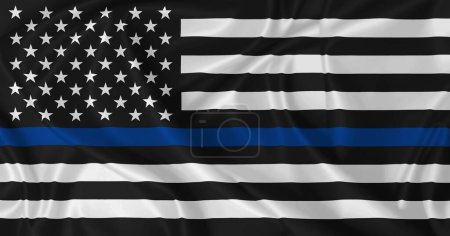 Amerikanische Nationalflagge mit Symbol der Unterstützung durch die Polizei. Schwarze und weiße Streifen mit blauer Linie