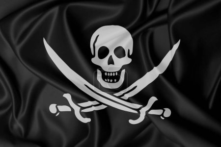 Schwarze Piratenflagge mit Totenkopf und Schwertern auf einer Seidenstruktur, die im Wind weht