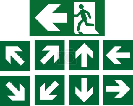 Arrow exit indication sign, indication sign, emergency fire exits, set of emergency and fire exit indicators