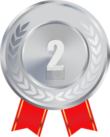 Realistic Silver Medal with red ribbon Vector, 2nd Silver Award, 2nd Prize, Silver Challenge Award red ribbon, Medal Award winner, First place trophy, Silver Coin winner
