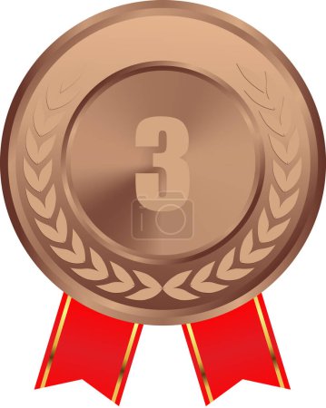 Realistic Bronze Medal Vector with red ribbon, 3rd Bronze Award, 3rd Prize, Bronze Challenge Award red ribbon, Medal Award winner, First place trophy, Bronze Coin winner