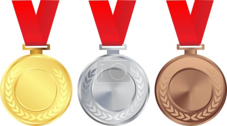 Photo for Winner Gold Medal First to third, First, Second, third, Silver medal, Bronze Medal, With Red Ribbon, Competition Blank Medal, Trophy for champions - Royalty Free Image