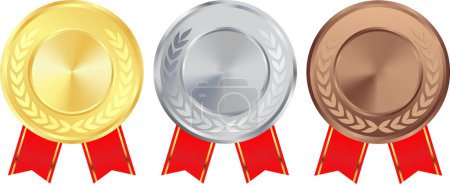 Photo for Winner Gold Medal First to third, First, Second, third, Silver medal, Bronze Medal, With Red Ribbon, Competition Medal, Trophy for champions - Royalty Free Image