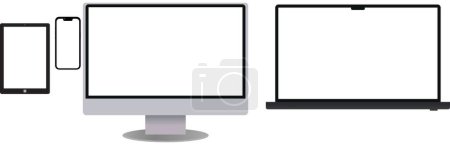 Illustration for Electronic devices white background, desktop computer, laptop, tablet and mobile phones - Royalty Free Image