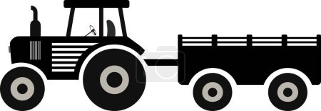 Icône de tracteur avec chariot vecteur noir et blanc, véhicule pour l'agriculture, véhicule agricole, transporteur de marchandises