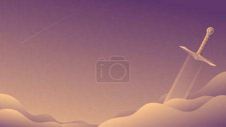 vector illustration of a sword in the middle of the desert, fantasy background design