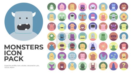 mega collection of monster icons, flat design cartoon illustrations, good for profile, stickers, ui ux, etc