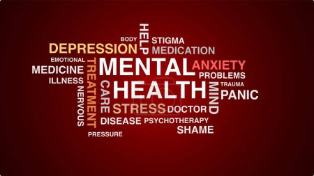 Image of mental health word cloud on red background. High quality photo