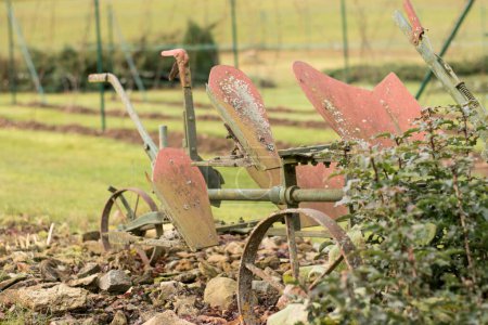 Photo for An old ploughing tool. Two-row rotary plough for ploughing. Background of a vineyard - Royalty Free Image