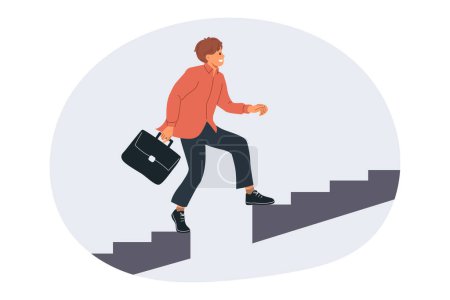 Illustration for Business man grows professionally by climbing up stairs and overcoming obstacles from missing steps. Ambitious guy clerk, easily copes with problems that arise in business and career - Royalty Free Image